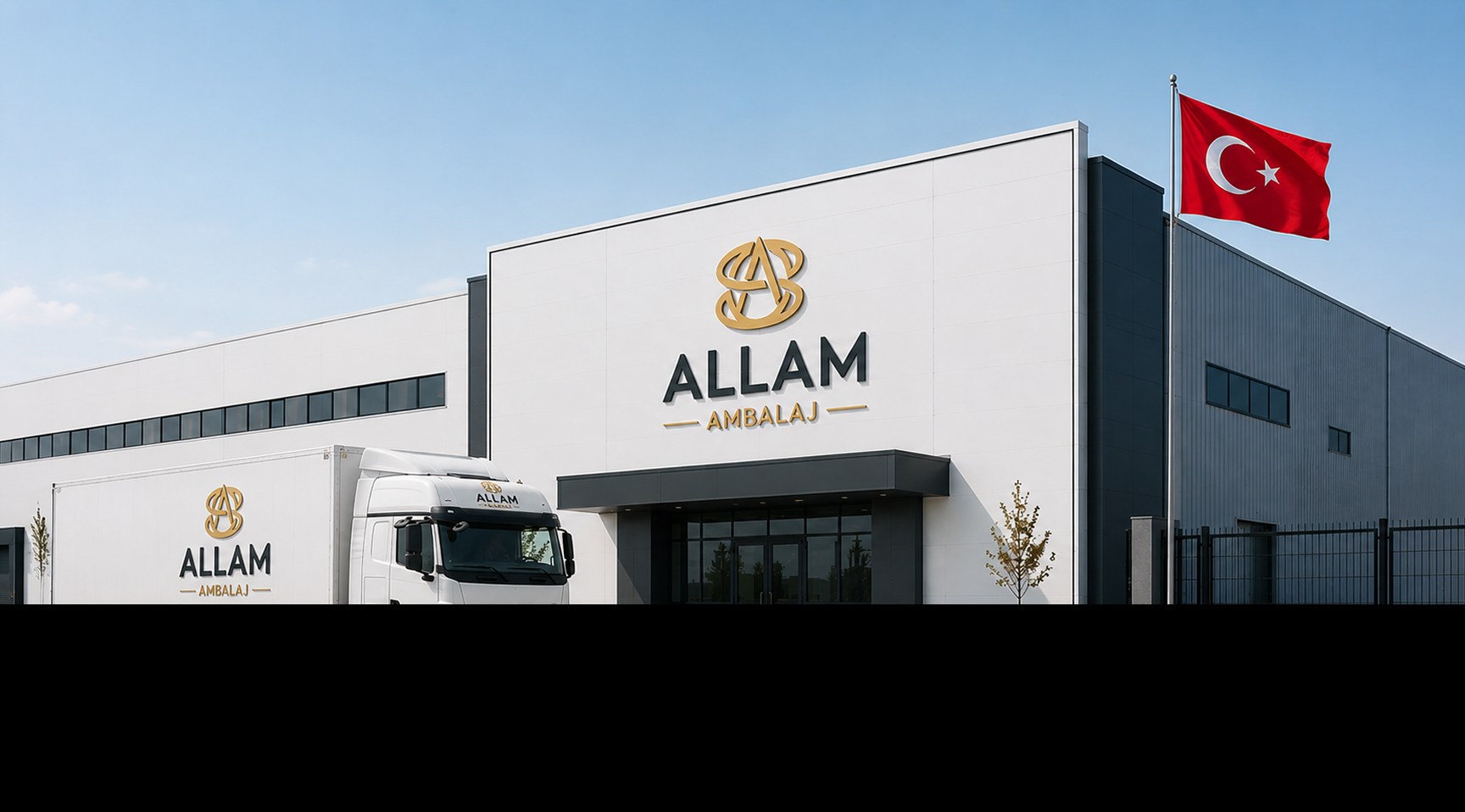 The Allam Ambalaj facility with its white façade, gold monogram and the Turkish flag